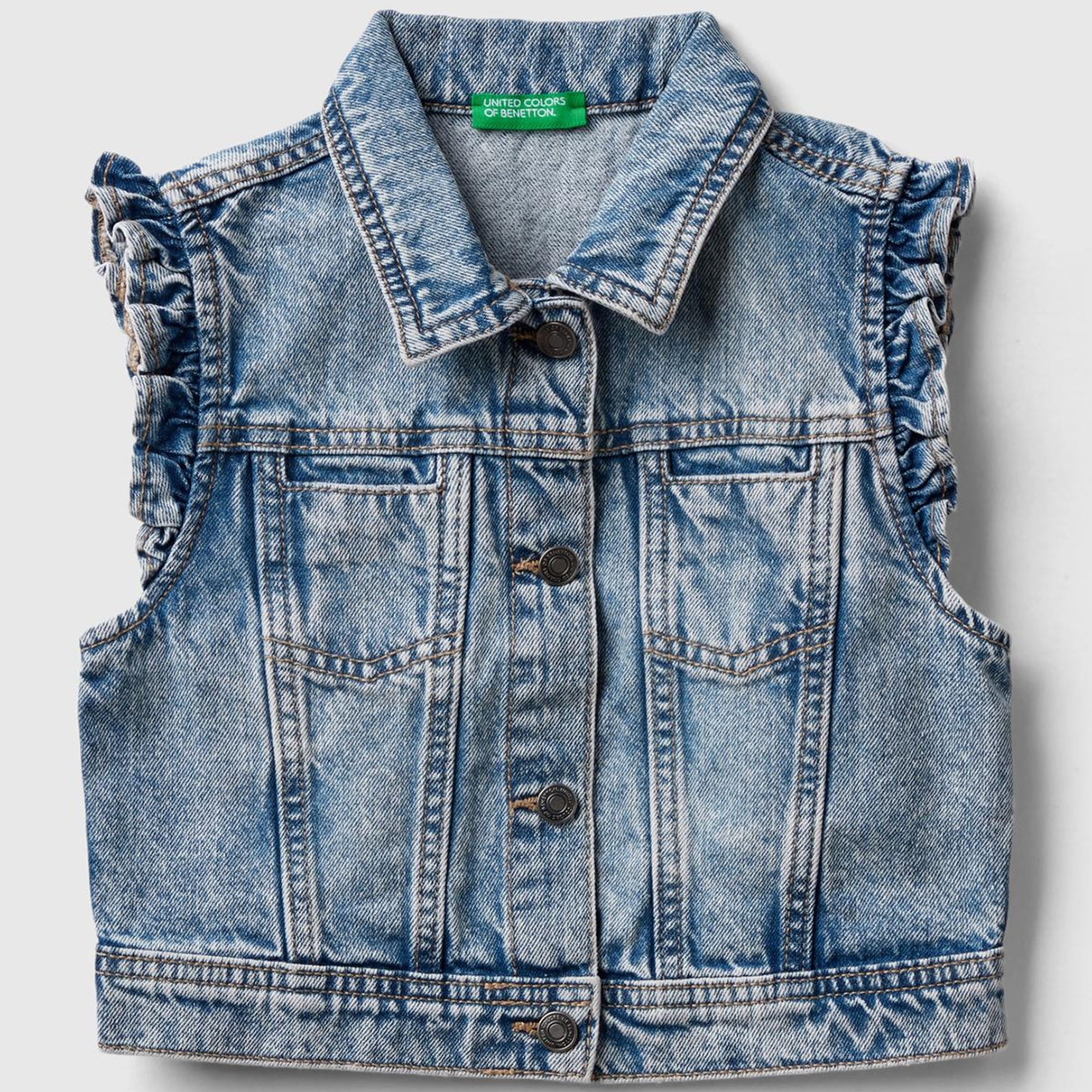 Kız Çocuk Mavi Kolları Fırfırlı Geniş Kesim Ağartılmış Denim Yelek