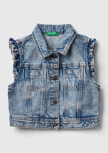  Kız Çocuk Mavi Kolları Fırfırlı Geniş Kesim Ağartılmış Denim Yelek