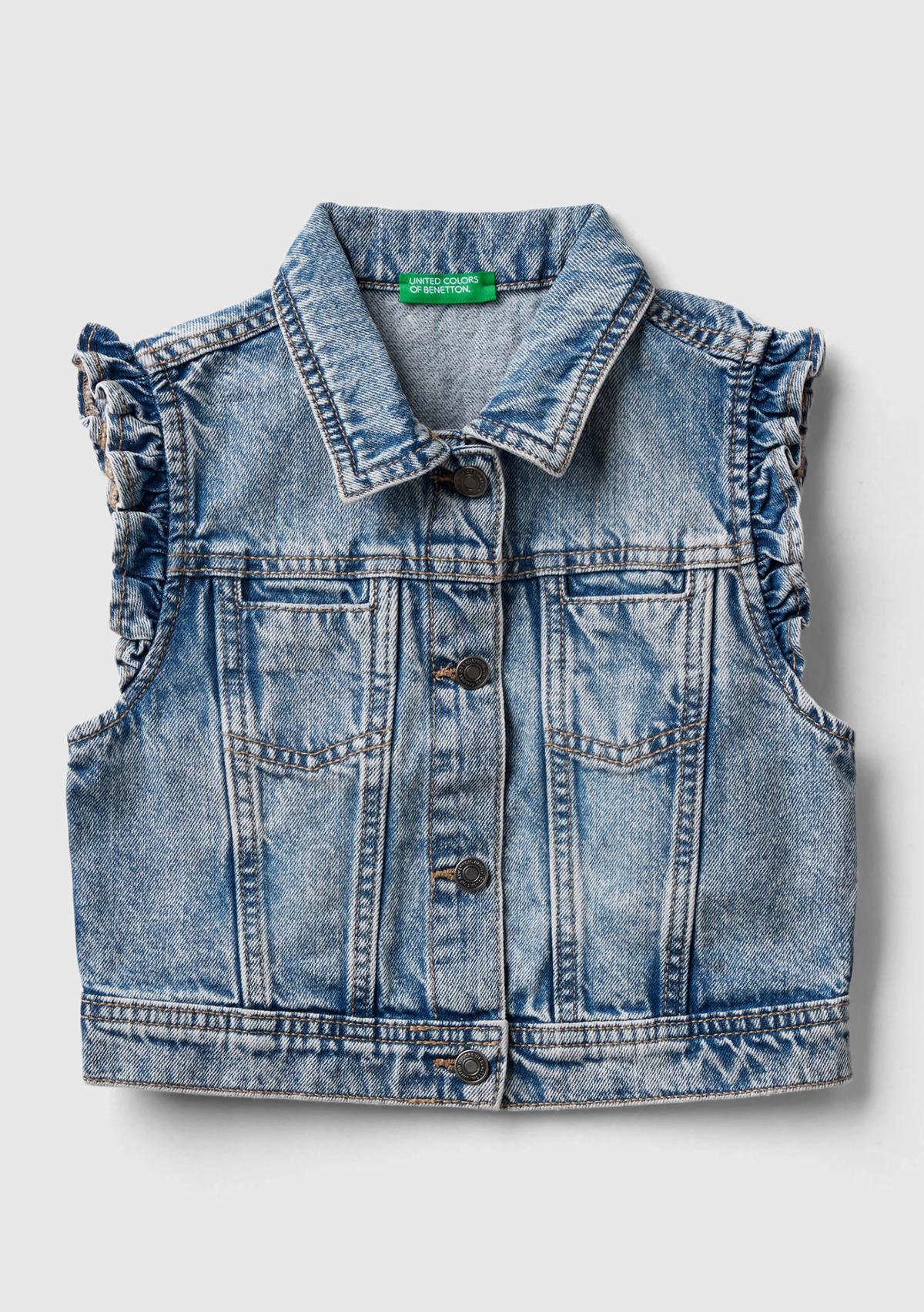  Kız Çocuk Mavi Kolları Fırfırlı Geniş Kesim Ağartılmış Denim Yelek