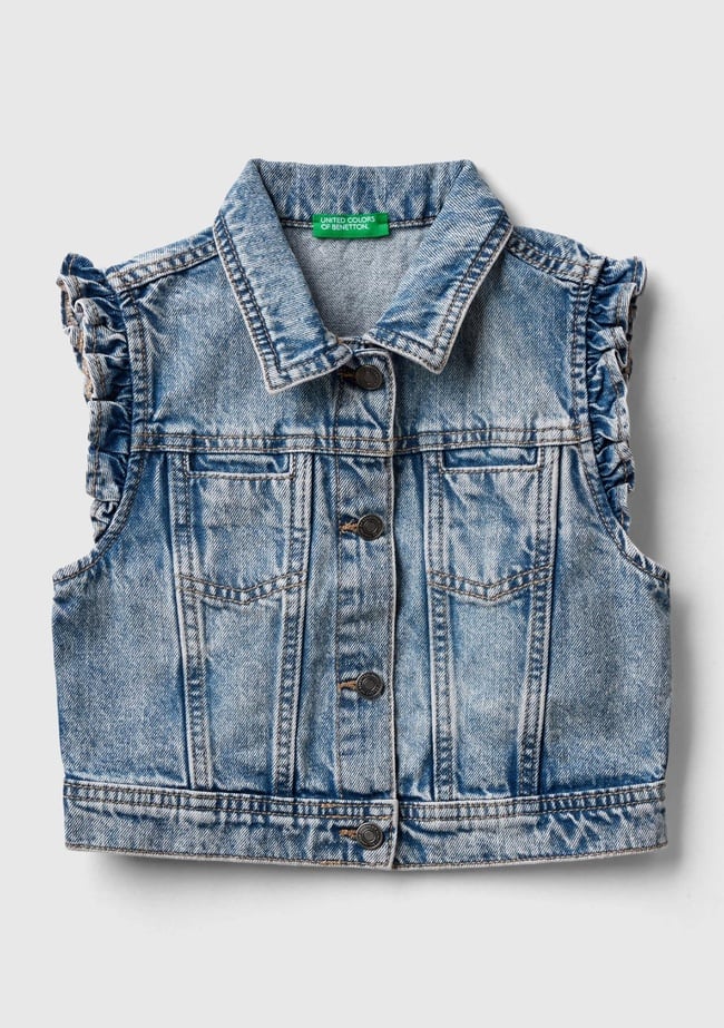  Kız Çocuk Mavi Kolları Fırfırlı Geniş Kesim Ağartılmış Denim Yelek