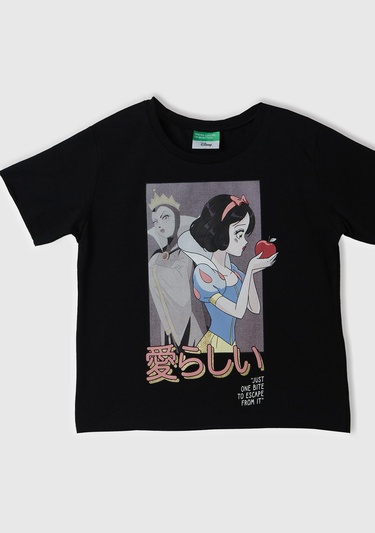  Kız Çocuk Siyah Önü Pamuk Prenses Baskılı T-Shirt