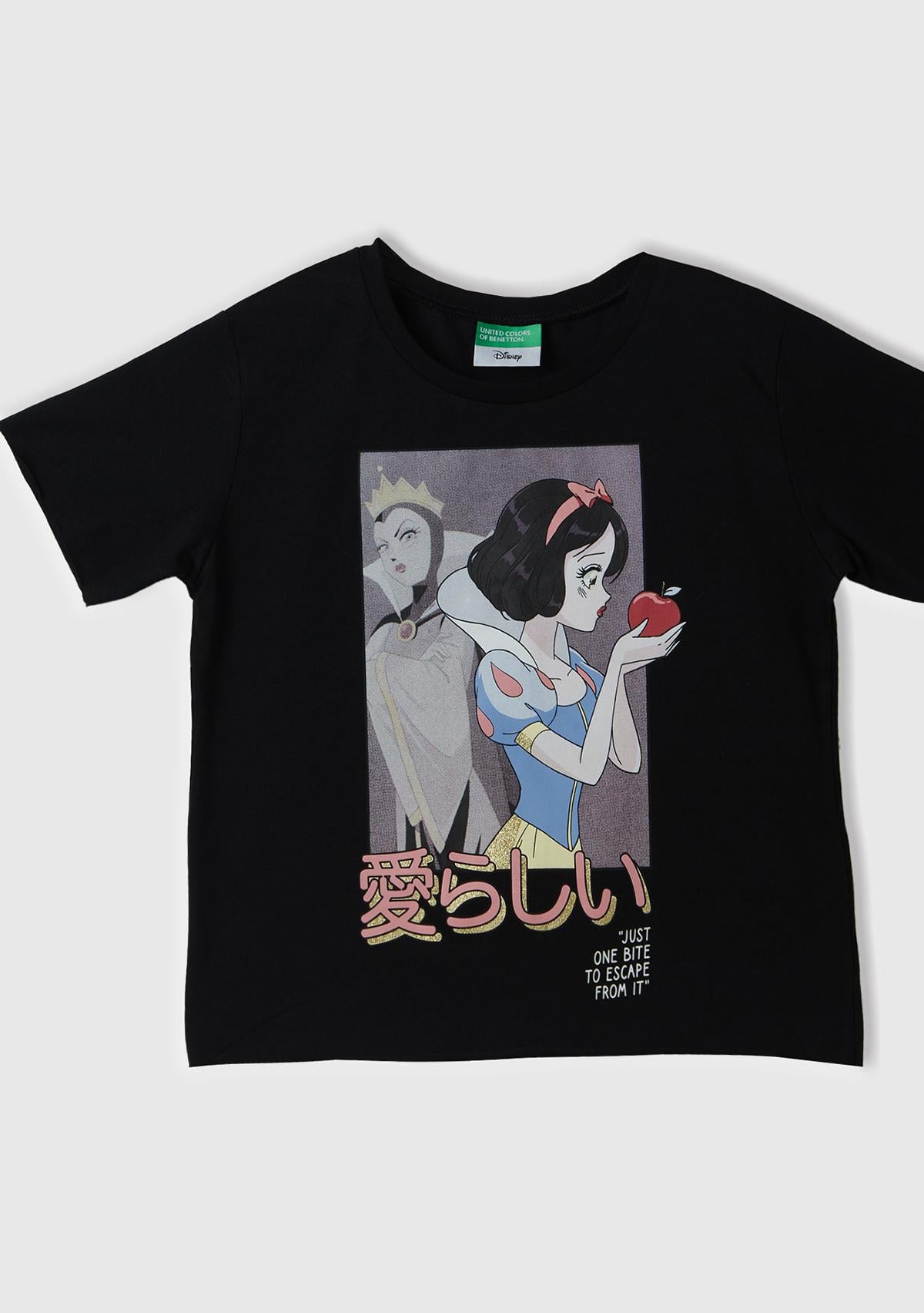  Kız Çocuk Siyah Önü Pamuk Prenses Baskılı T-Shirt