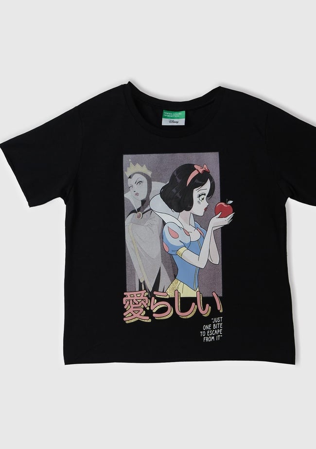  Kız Çocuk Siyah Önü Pamuk Prenses Baskılı T-Shirt