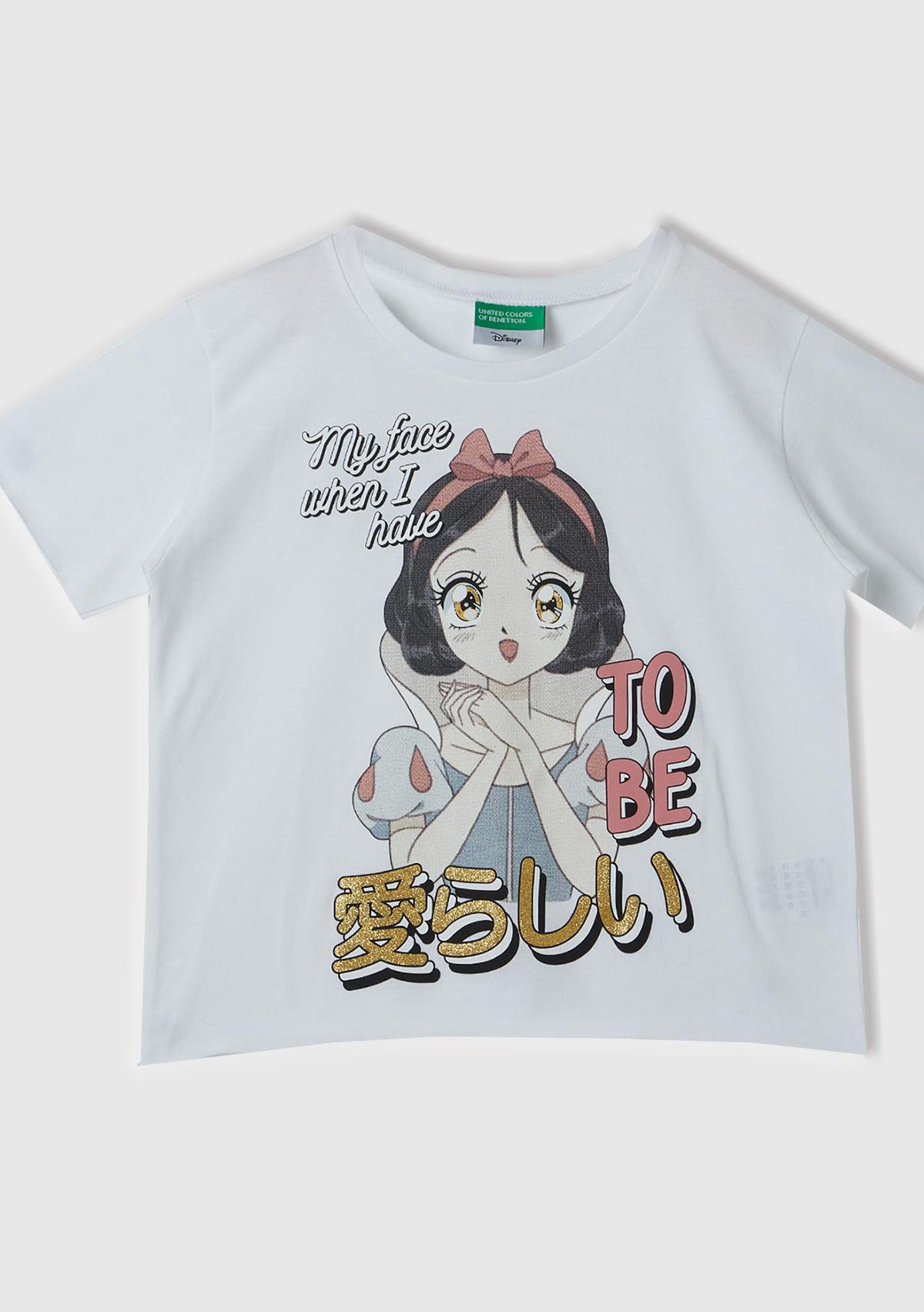  Kız Çocuk Beyaz Önü Pamuk Prenses Baskılı T-Shirt