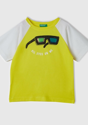  Erkek Çocuk Neon Sarı Önü Aplikeli Blok Renkli Reglan Kol Bisiklet Yaka T-Shirt