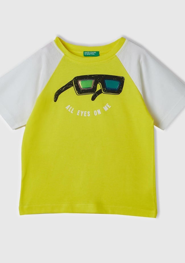  Erkek Çocuk Neon Sarı Önü Aplikeli Blok Renkli Reglan Kol Bisiklet Yaka T-Shirt