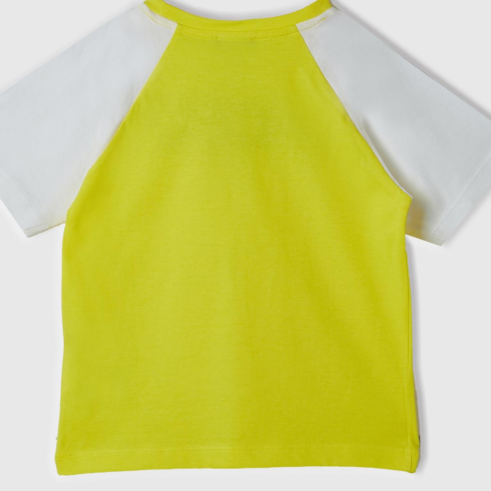 Erkek Çocuk Neon Sarı Önü Aplikeli Blok Renkli Reglan Kol Bisiklet Yaka T-Shirt