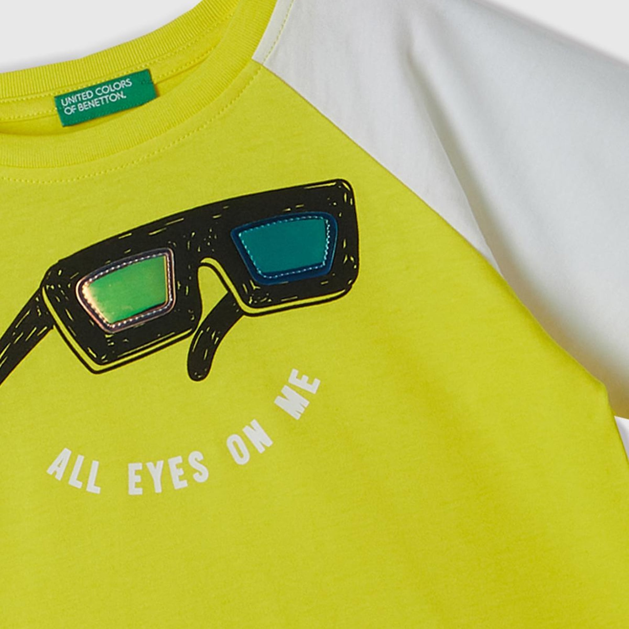 Erkek Çocuk Neon Sarı Önü Aplikeli Blok Renkli Reglan Kol Bisiklet Yaka T-Shirt