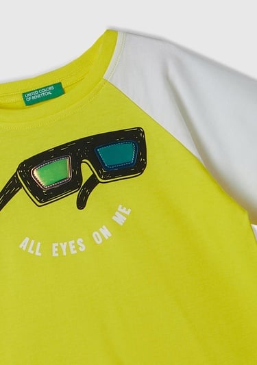  Erkek Çocuk Neon Sarı Önü Aplikeli Blok Renkli Reglan Kol Bisiklet Yaka T-Shirt