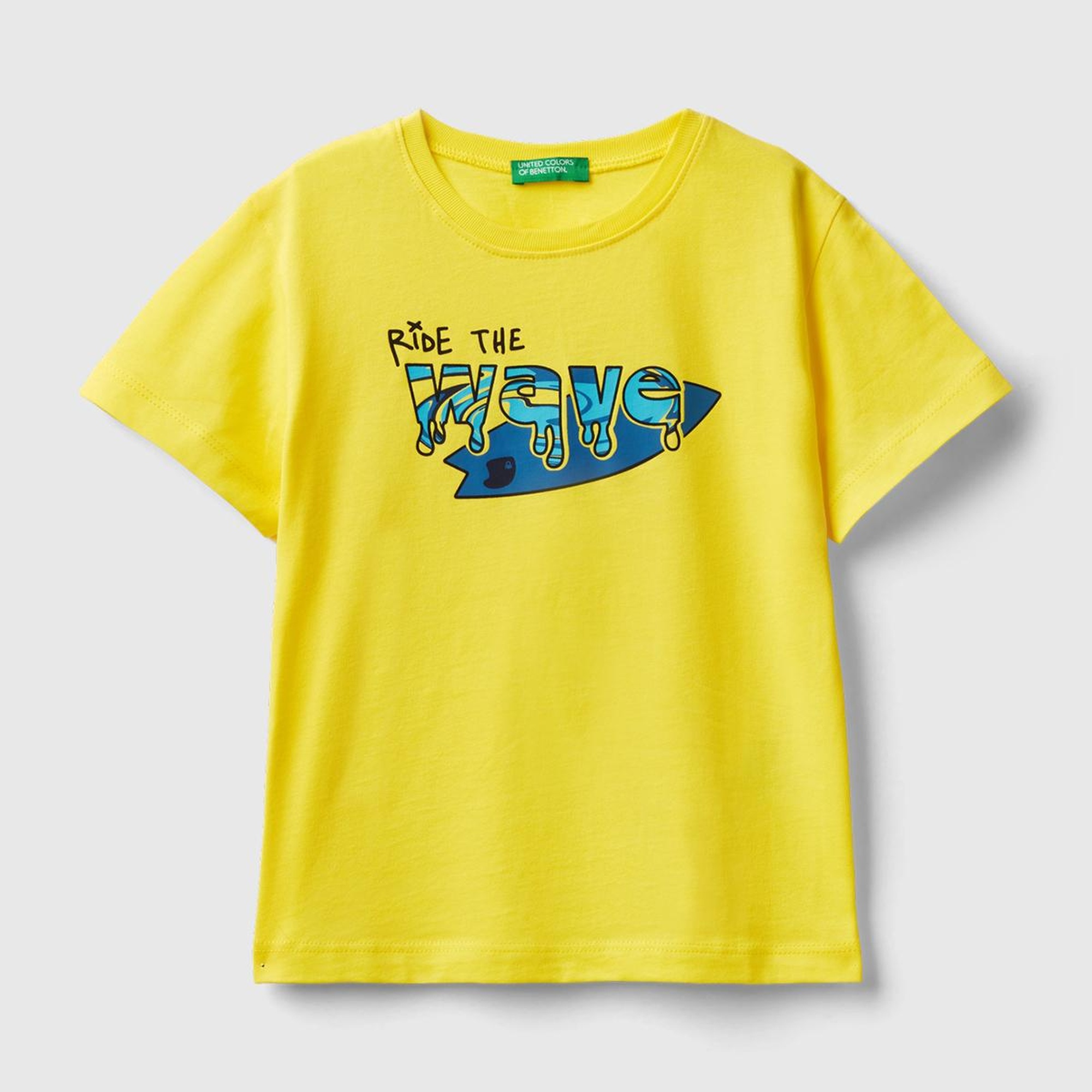 Erkek Çocuk Neon Sarı Önü Çok Renkli Baskılı Normal Kesim Bisiklet Yaka T-Shirt