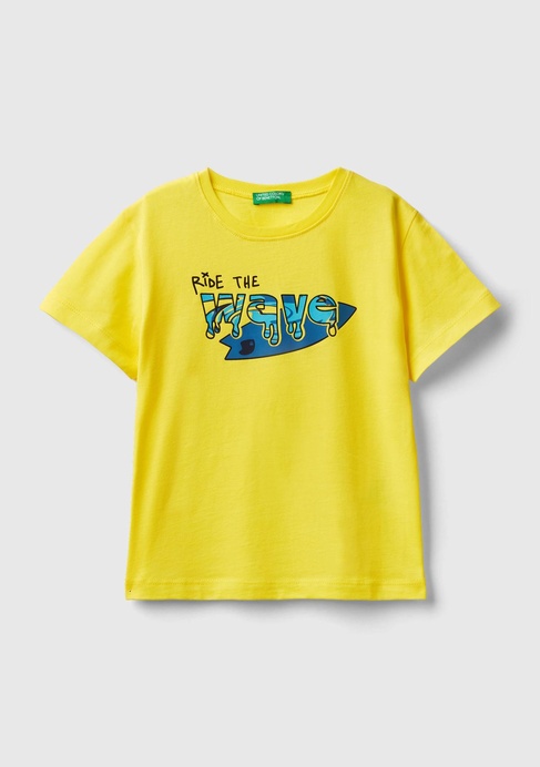  Erkek Çocuk Neon Sarı Önü Çok Renkli Baskılı Normal Kesim Bisiklet Yaka T-Shirt