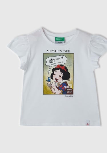  Kız Çocuk Beyaz Önü Pamuk Prenses Baskılı Logo Etiketli Bisiklet Yaka T-Shirt