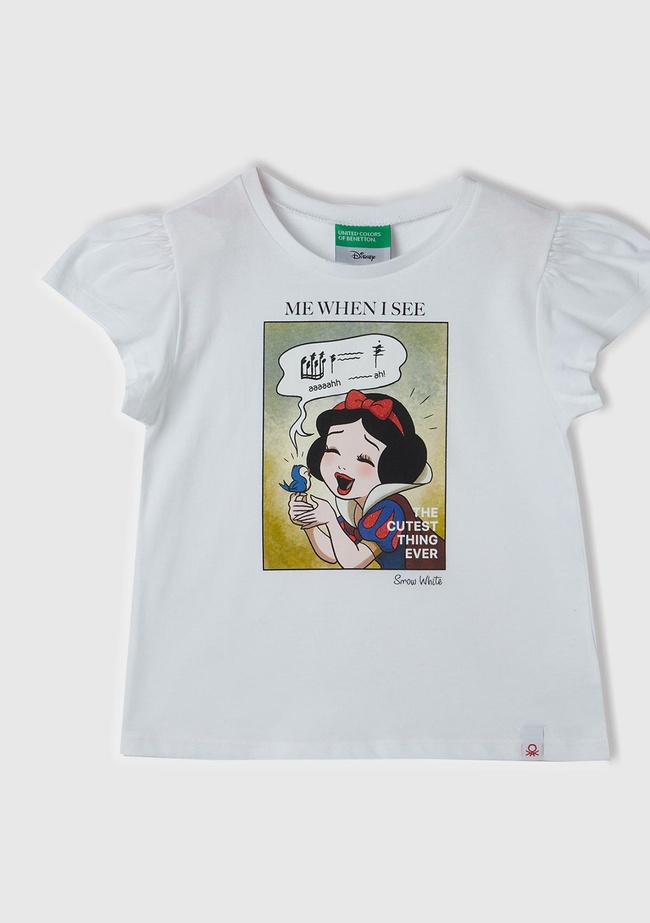  Kız Çocuk Beyaz Önü Pamuk Prenses Baskılı Logo Etiketli Bisiklet Yaka T-Shirt