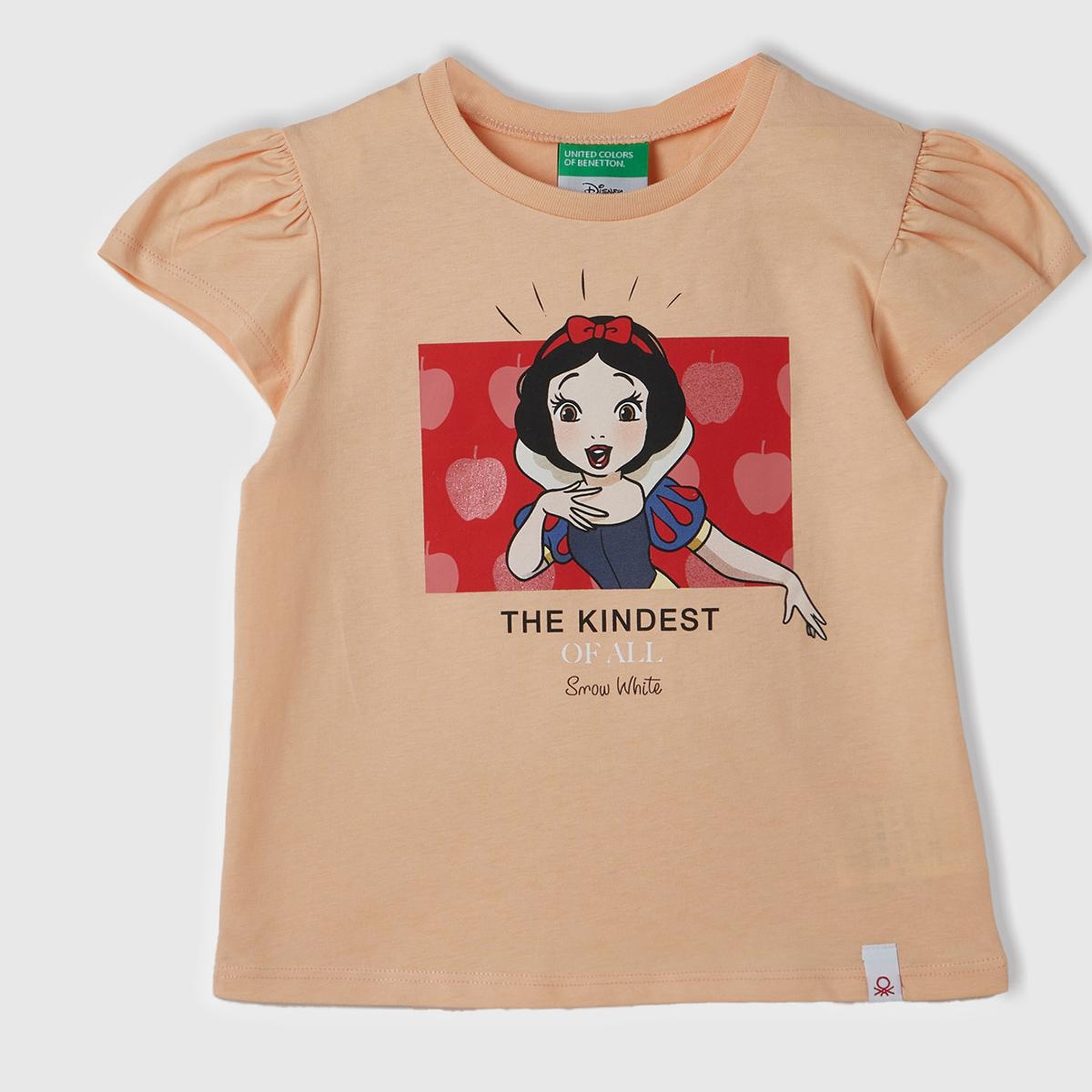 Kız Çocuk Şeftali Önü Pamuk Prenses Baskılı Logo Etiketli Bisiklet Yaka T-Shirt