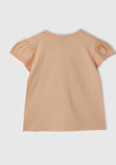  Kız Çocuk Şeftali Önü Pamuk Prenses Baskılı Logo Etiketli Bisiklet Yaka T-Shirt