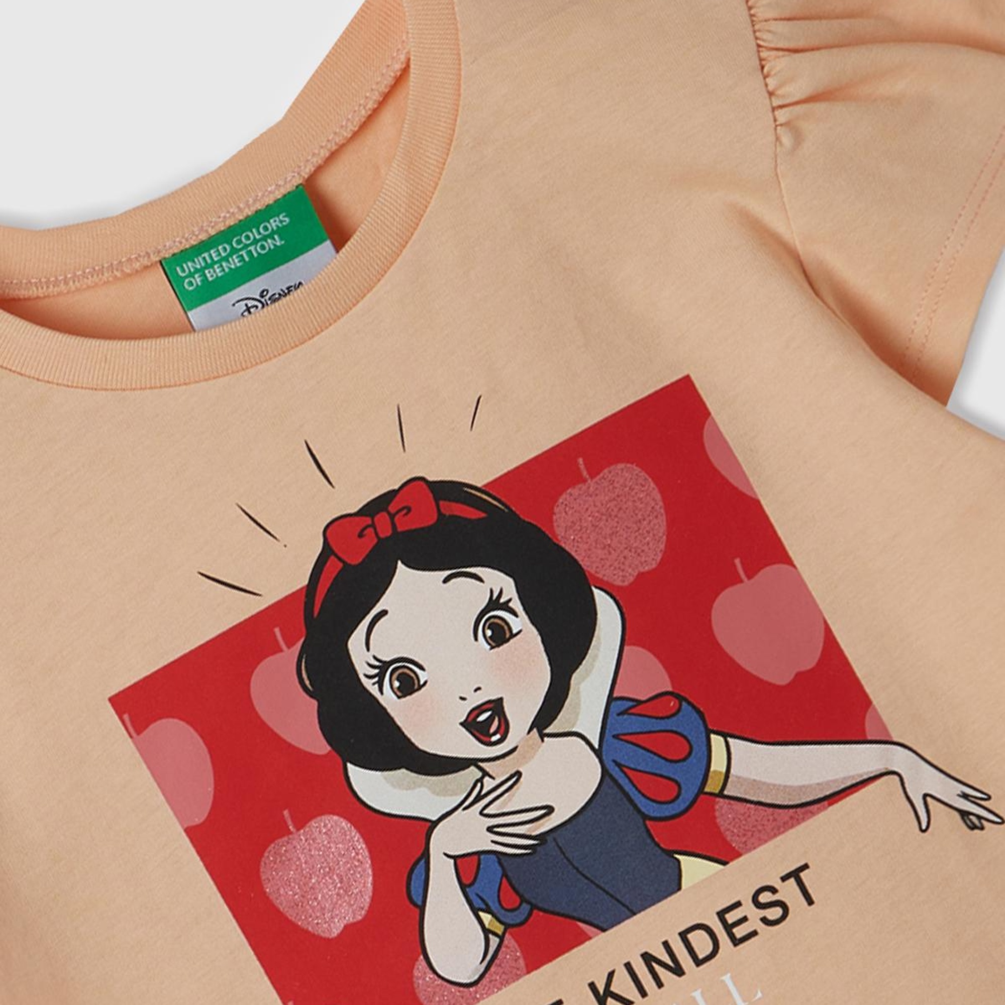 Kız Çocuk Şeftali Önü Pamuk Prenses Baskılı Logo Etiketli Bisiklet Yaka T-Shirt