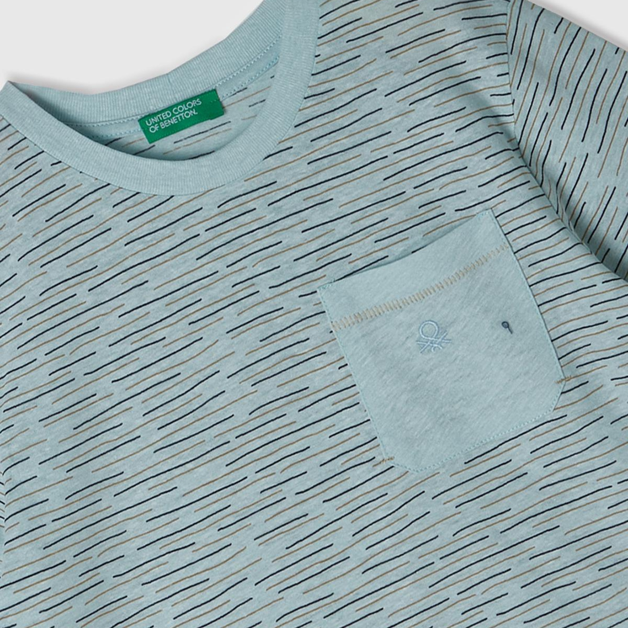 Erkek Çocuk Açık Mavi Logo Baskılı Çizgili Bisiklet Yaka T-Shirt