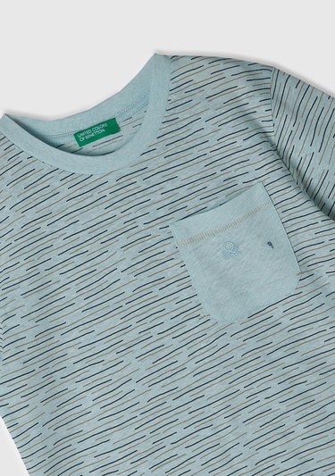  Erkek Çocuk Açık Mavi Logo Baskılı Çizgili Bisiklet Yaka T-Shirt