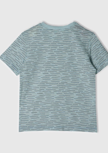  Erkek Çocuk Açık Mavi Logo Baskılı Çizgili Bisiklet Yaka T-Shirt