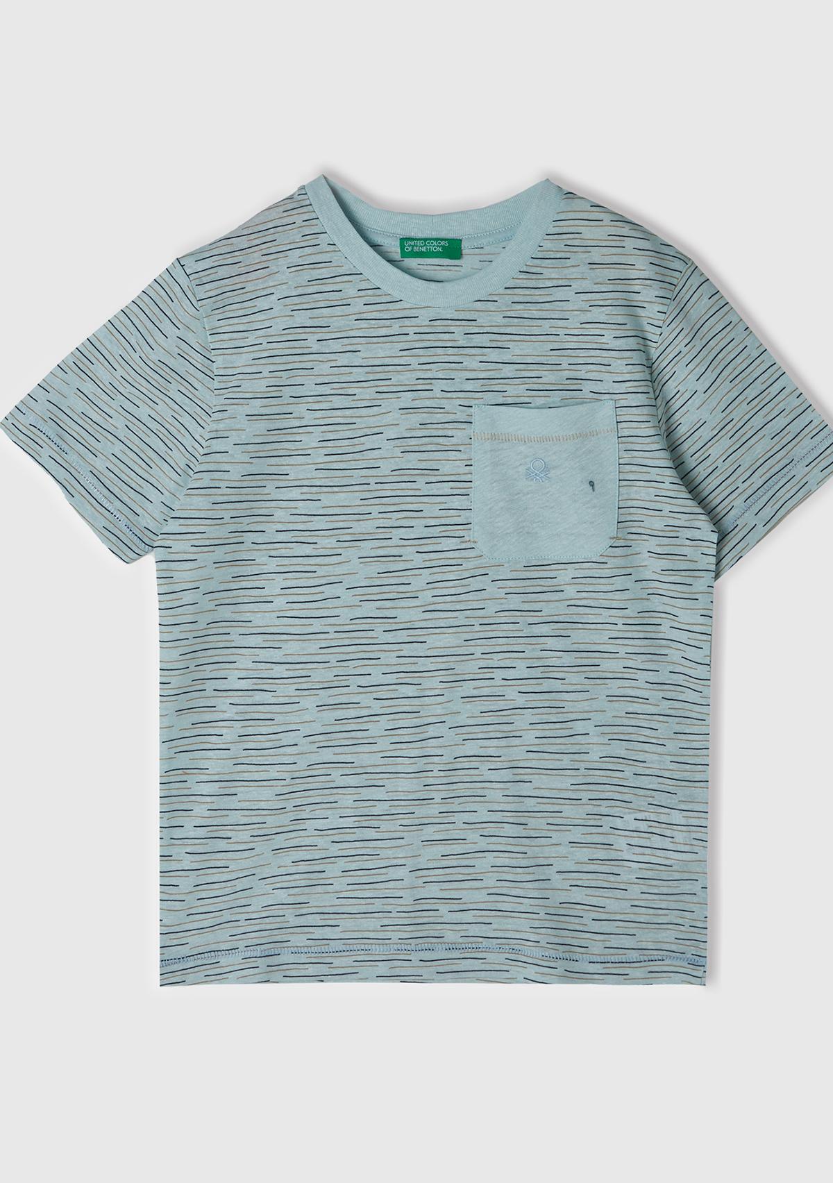  Erkek Çocuk Açık Mavi Logo Baskılı Çizgili Bisiklet Yaka T-Shirt