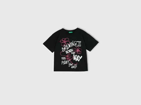  Kız Çocuk Siyah Graffiti Baskılı T-Shirt