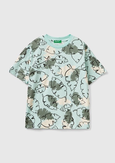  Erkek Çocuk Mavi Mix Tamamı Baskılı Arkası Logo İşlemeli Bisiklet Yaka T-Shirt