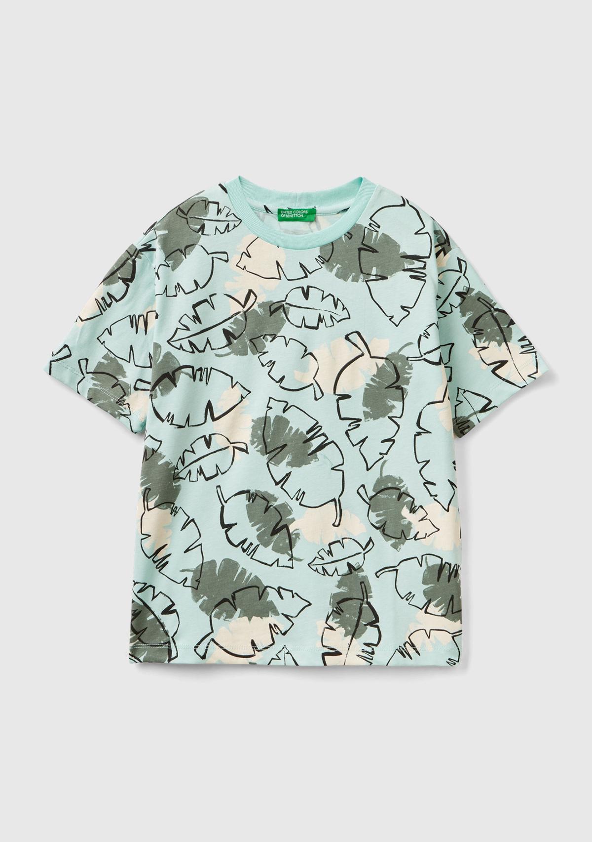  Erkek Çocuk Mavi Mix Tamamı Baskılı Arkası Logo İşlemeli Bisiklet Yaka T-Shirt