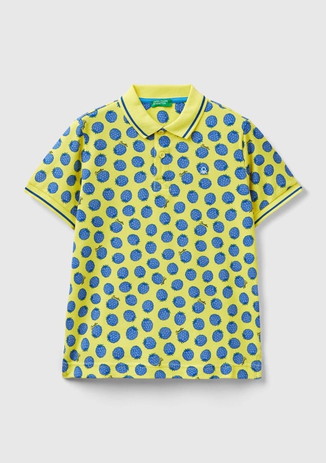  Erkek Çocuk Sarı-Mavi Sol Göğsü Logo Baskılı Tamamı Desenli Polo T-Shirt