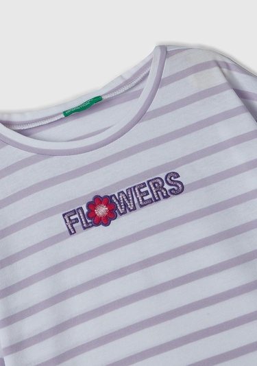  Kız Çocuk Beyaz Mix Önü Boncuk İşlemeli Çizgili Yırtmaçlı Uzun Kollu T-Shirt