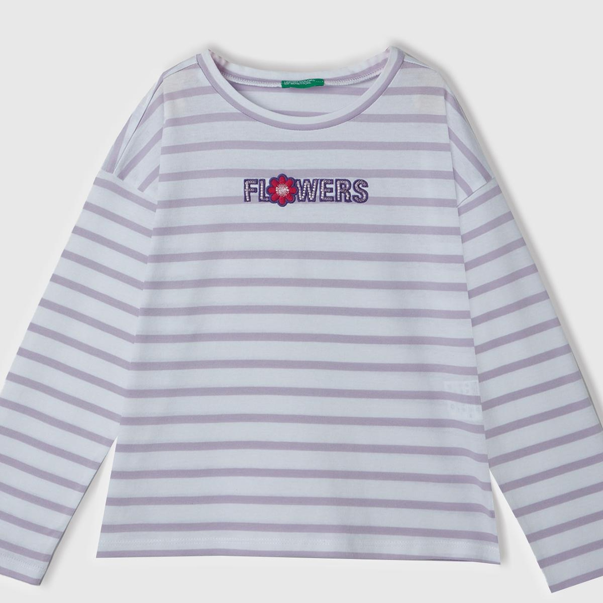 Kız Çocuk Beyaz Mix Önü Boncuk İşlemeli Çizgili Yırtmaçlı Uzun Kollu T-Shirt