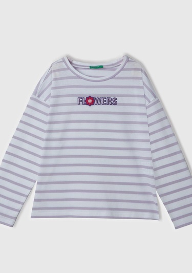  Kız Çocuk Beyaz Mix Önü Boncuk İşlemeli Çizgili Yırtmaçlı Uzun Kollu T-Shirt