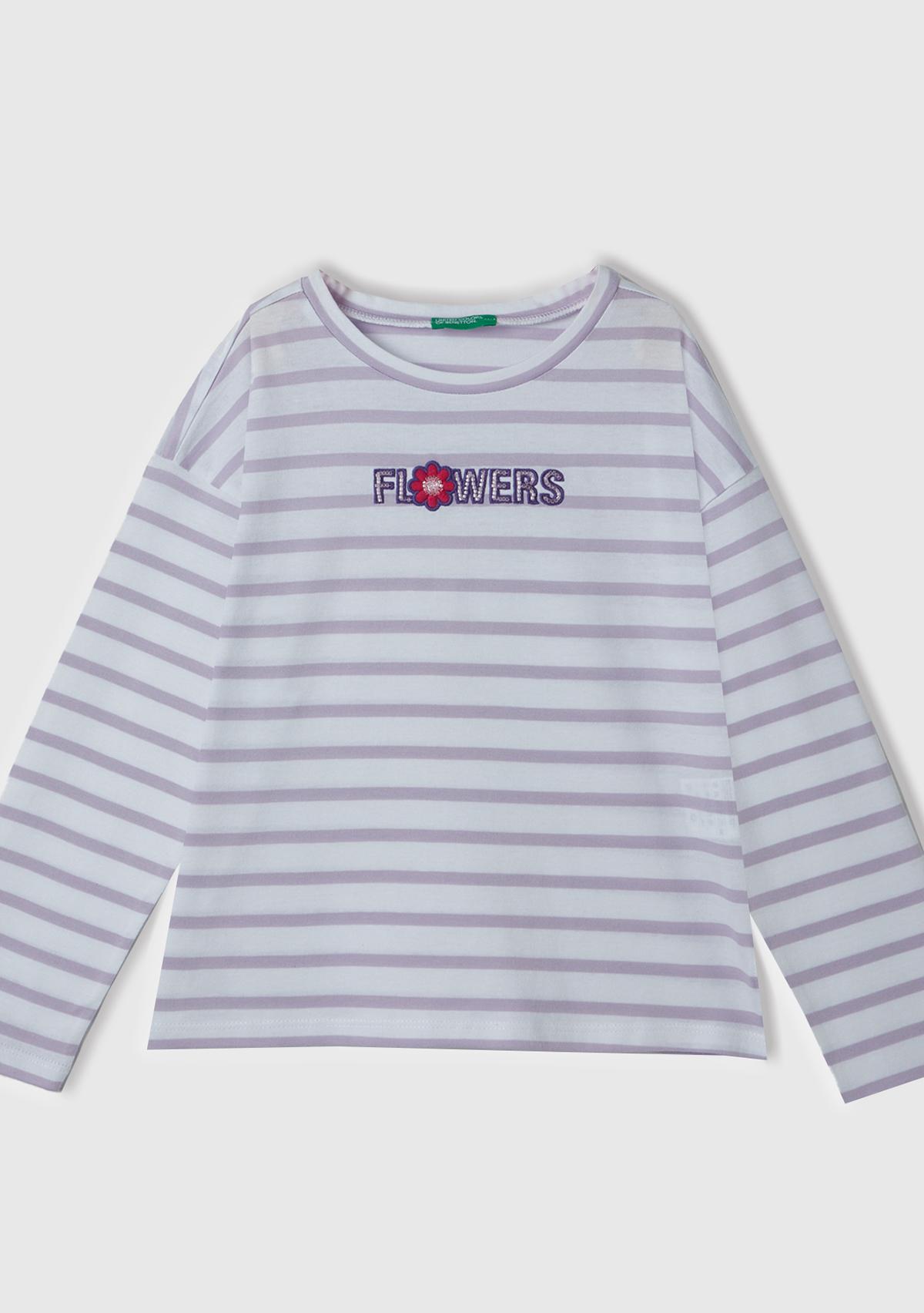  Kız Çocuk Beyaz Mix Önü Boncuk İşlemeli Çizgili Yırtmaçlı Uzun Kollu T-Shirt