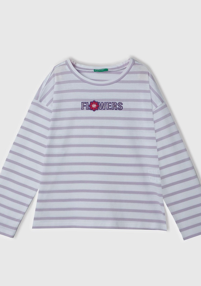  Kız Çocuk Beyaz Mix Önü Boncuk İşlemeli Çizgili Yırtmaçlı Uzun Kollu T-Shirt