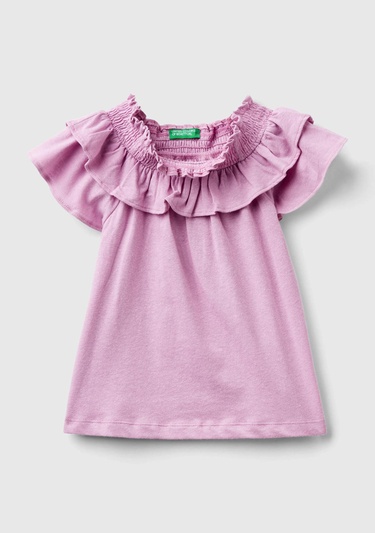  Kız Çocuk Pembe Fırfırlı Kayık Yaka Rahat Kesim T-Shirt