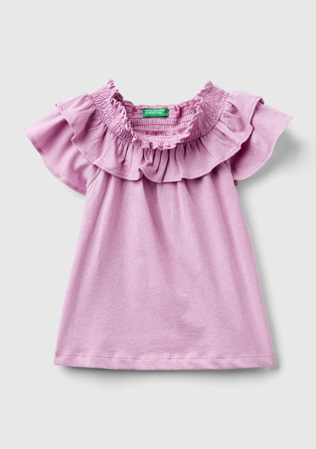  Kız Çocuk Pembe Fırfırlı Kayık Yaka Rahat Kesim T-Shirt