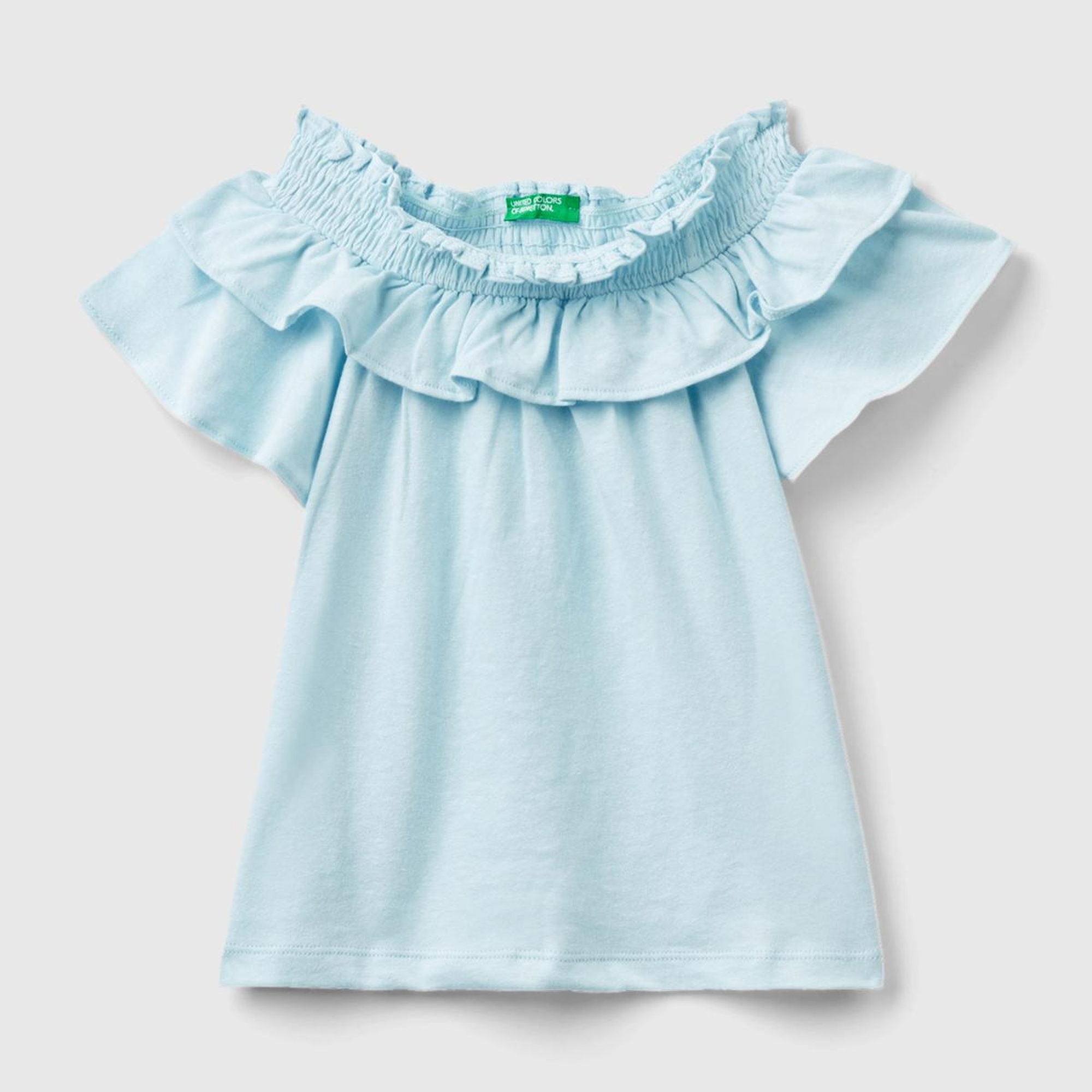 Kız Çocuk Açık Mavi Fırfırlı Kayık Yaka Rahat Kesim T-Shirt