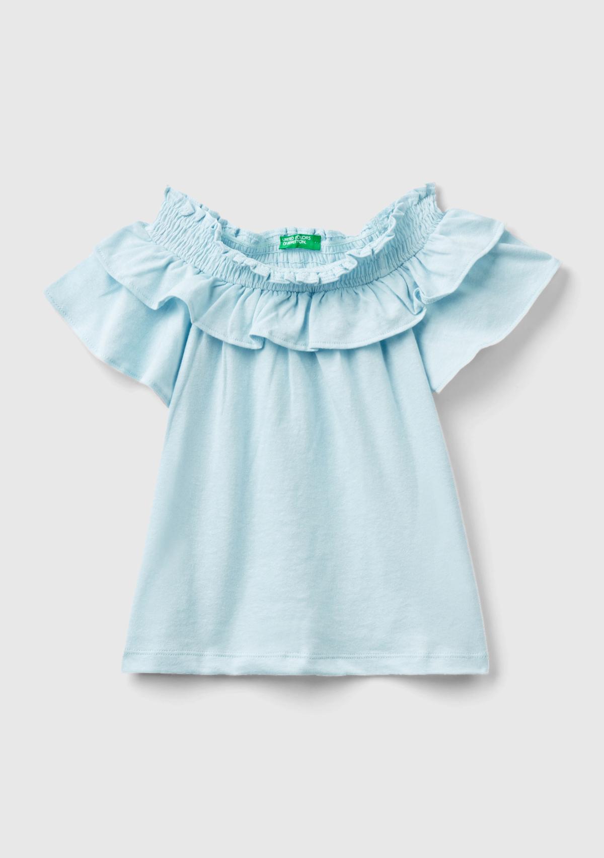  Kız Çocuk Açık Mavi Fırfırlı Kayık Yaka Rahat Kesim T-Shirt