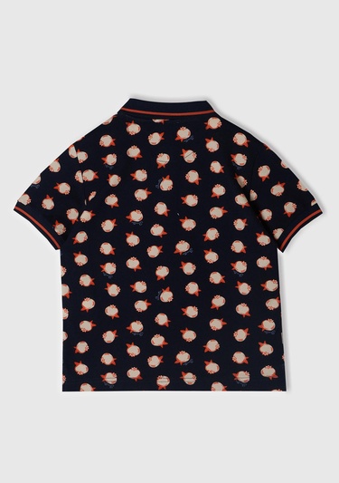  Erkek Çocuk Lacivert Sol Göğsü Logo Baskılı Tamamı Desenli Polo T-Shirt