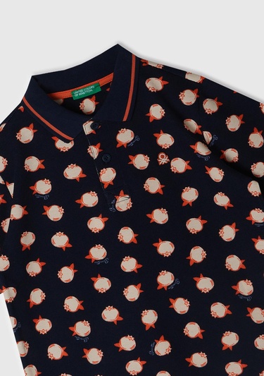  Erkek Çocuk Lacivert Sol Göğsü Logo Baskılı Tamamı Desenli Polo T-Shirt