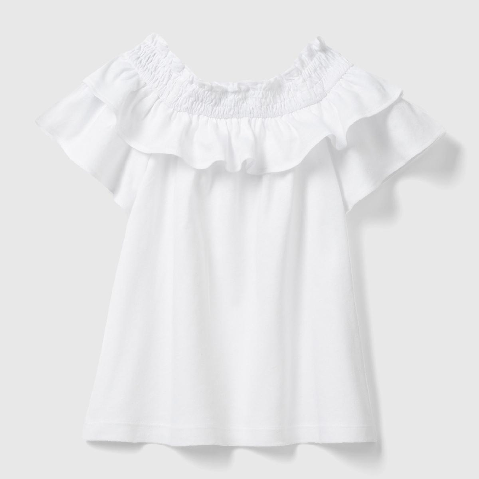 Kız Çocuk Beyaz Fırfırlı Kayık Yaka Rahat Kesim T-Shirt