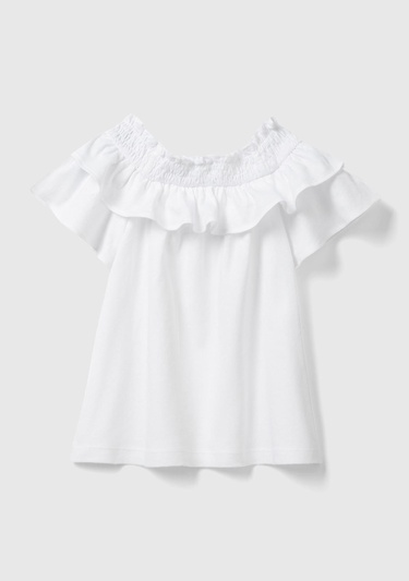  Kız Çocuk Beyaz Fırfırlı Kayık Yaka Rahat Kesim T-Shirt