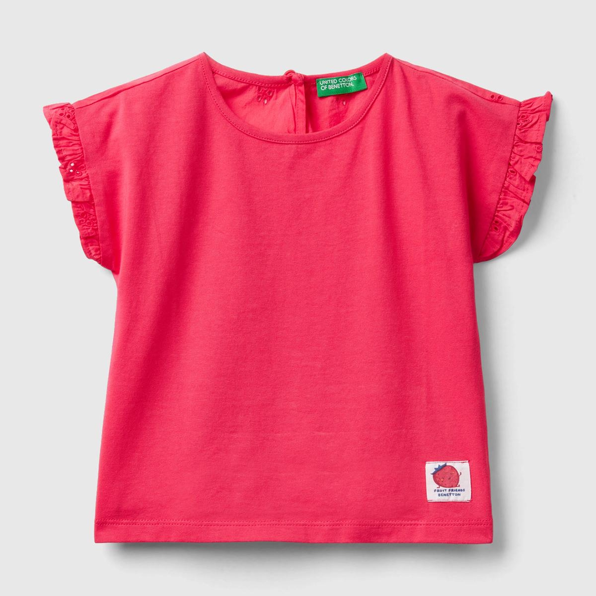 Kız Çocuk Fuşya Arkası Desenli Önü Logo Detaylı Kolları Fırfırlı T-Shirt