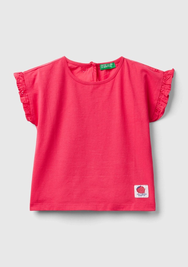  Kız Çocuk Fuşya Arkası Desenli Önü Logo Detaylı Kolları Fırfırlı T-Shirt