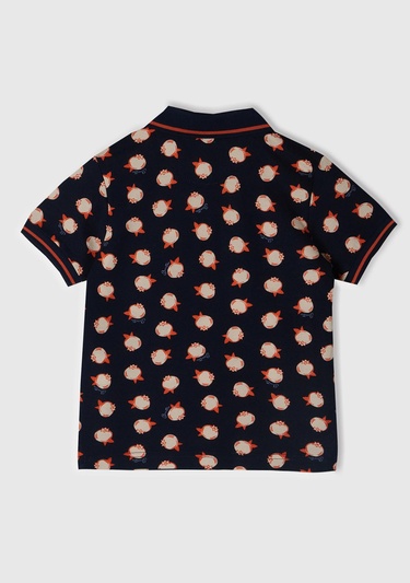  Erkek Çocuk Lacivert Sol Göğsü Logo Baskılı Yırtmaç Detaylı Desenli Polo T-Shirt