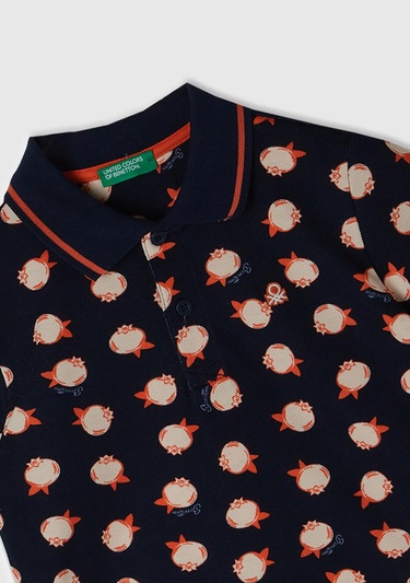  Erkek Çocuk Lacivert Sol Göğsü Logo Baskılı Yırtmaç Detaylı Desenli Polo T-Shirt