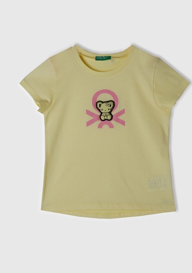  Kız Çocuk Sarı Su Baskılı Logolu ve Aplikeli  Yaz T-Shirt