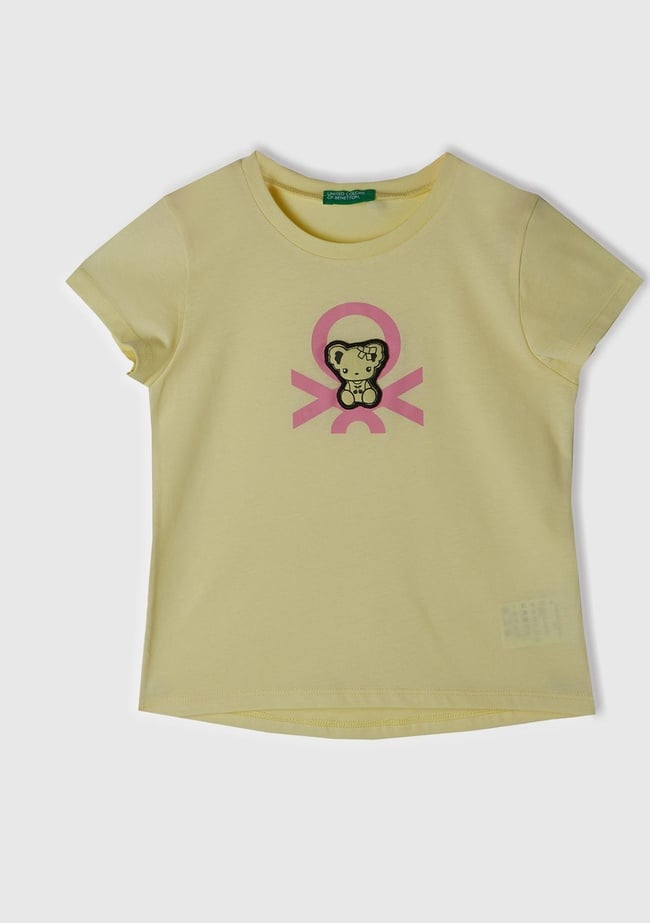  Kız Çocuk Sarı Su Baskılı Logolu ve Aplikeli  Yaz T-Shirt