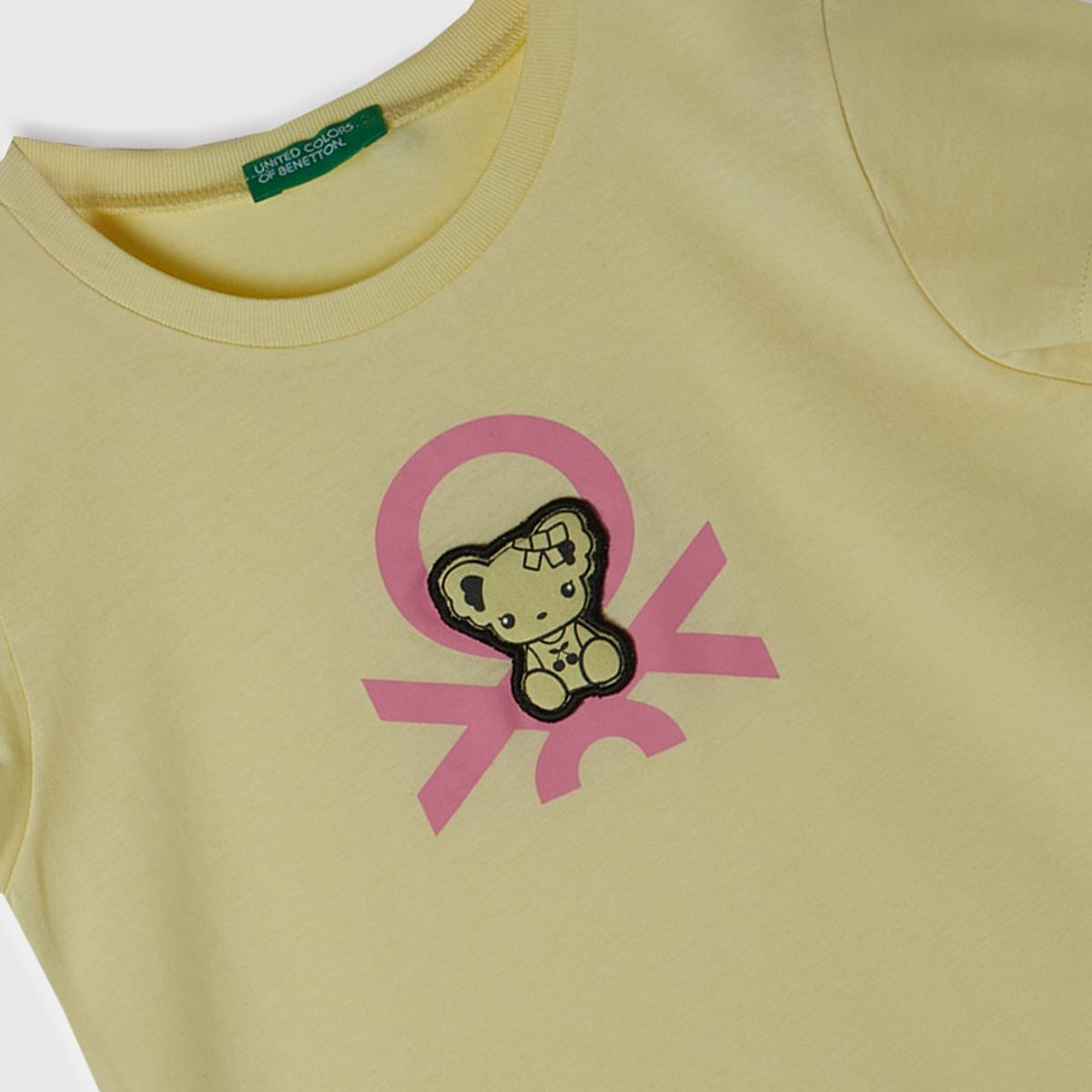 Kız Çocuk Sarı Su Baskılı Logolu ve Aplikeli  Yaz T-Shirt