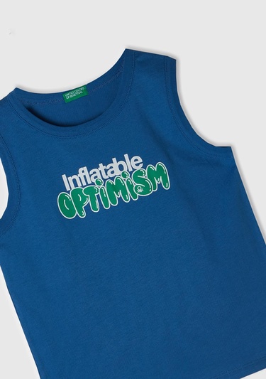  Erkek Çocuk Saks Mavi Önü Baskı Detaylı Kolsuz Üst