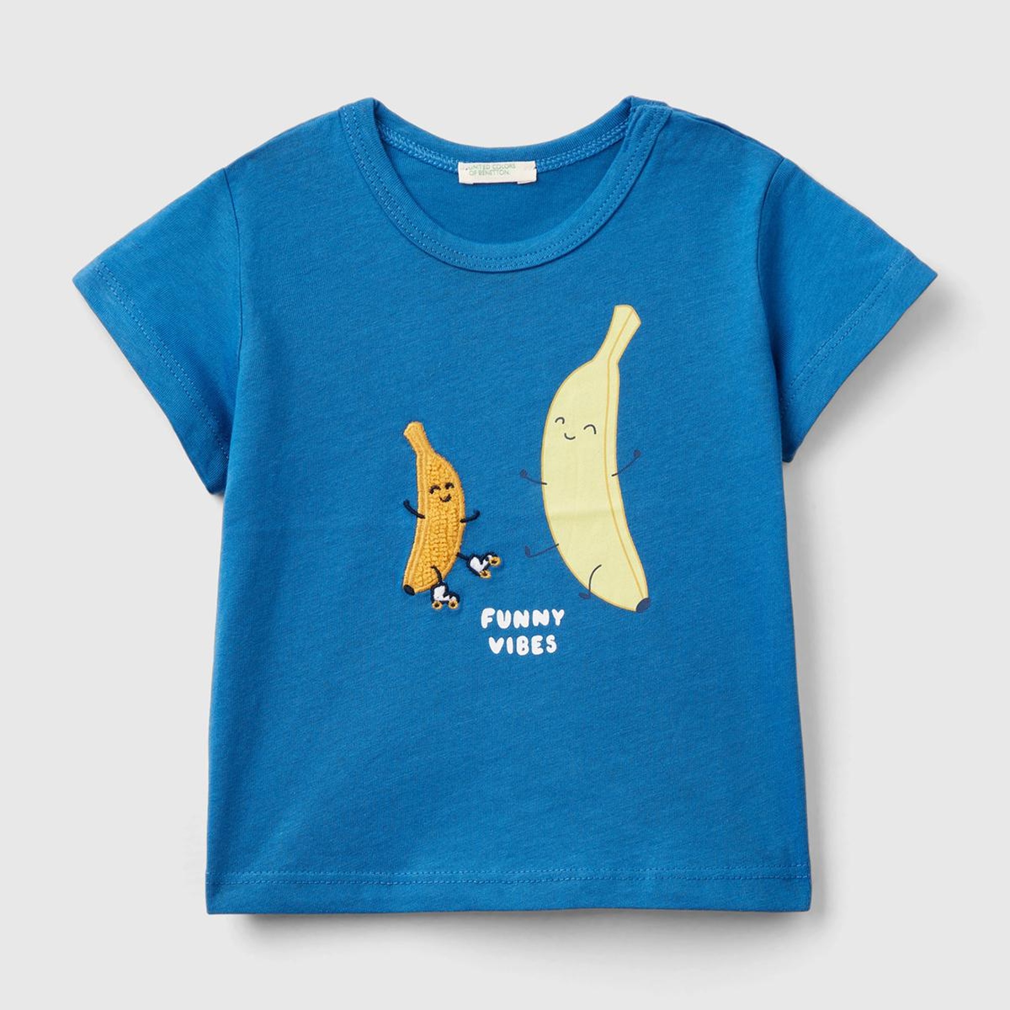 Bebek Saks Mavi Önü Grafik Basklı Dekoratif Dikişli Omzu Çıtçıtlı T-Shirt